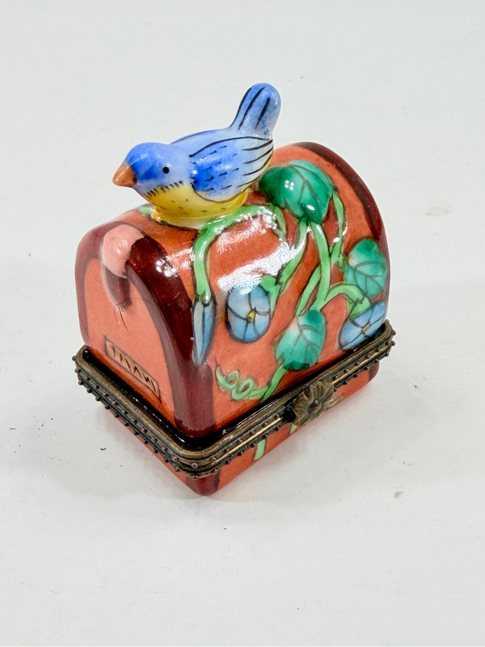 Limoges Style Porcelain Hand Painted Trinket Box Blue Bird On Mailbox & Flowers